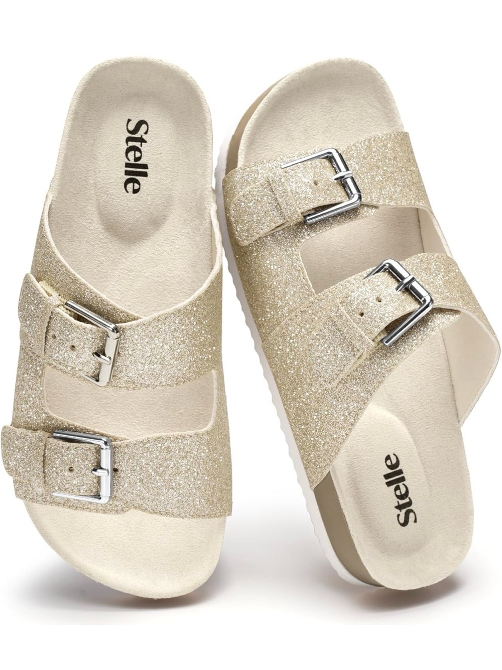 Stelle Gold Glitter Double-Buckle Slide Sandals in Gold Big Girls Sz 5
